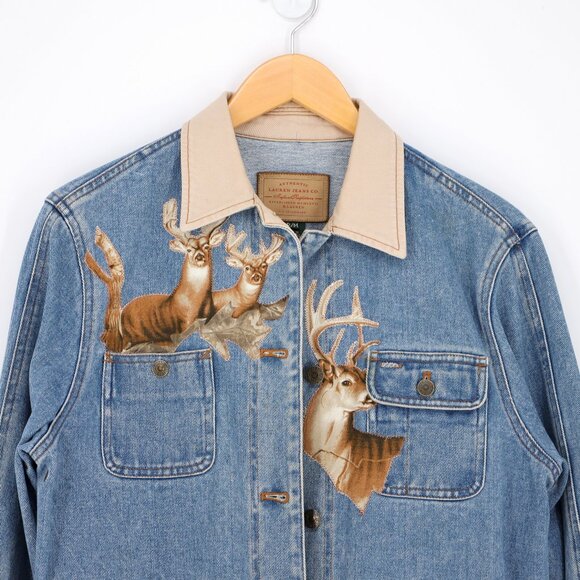 Upcycled Denim Barn Jacket Deer Camo Embellished Vintage Ralph Lauren - Picture 3 of 10